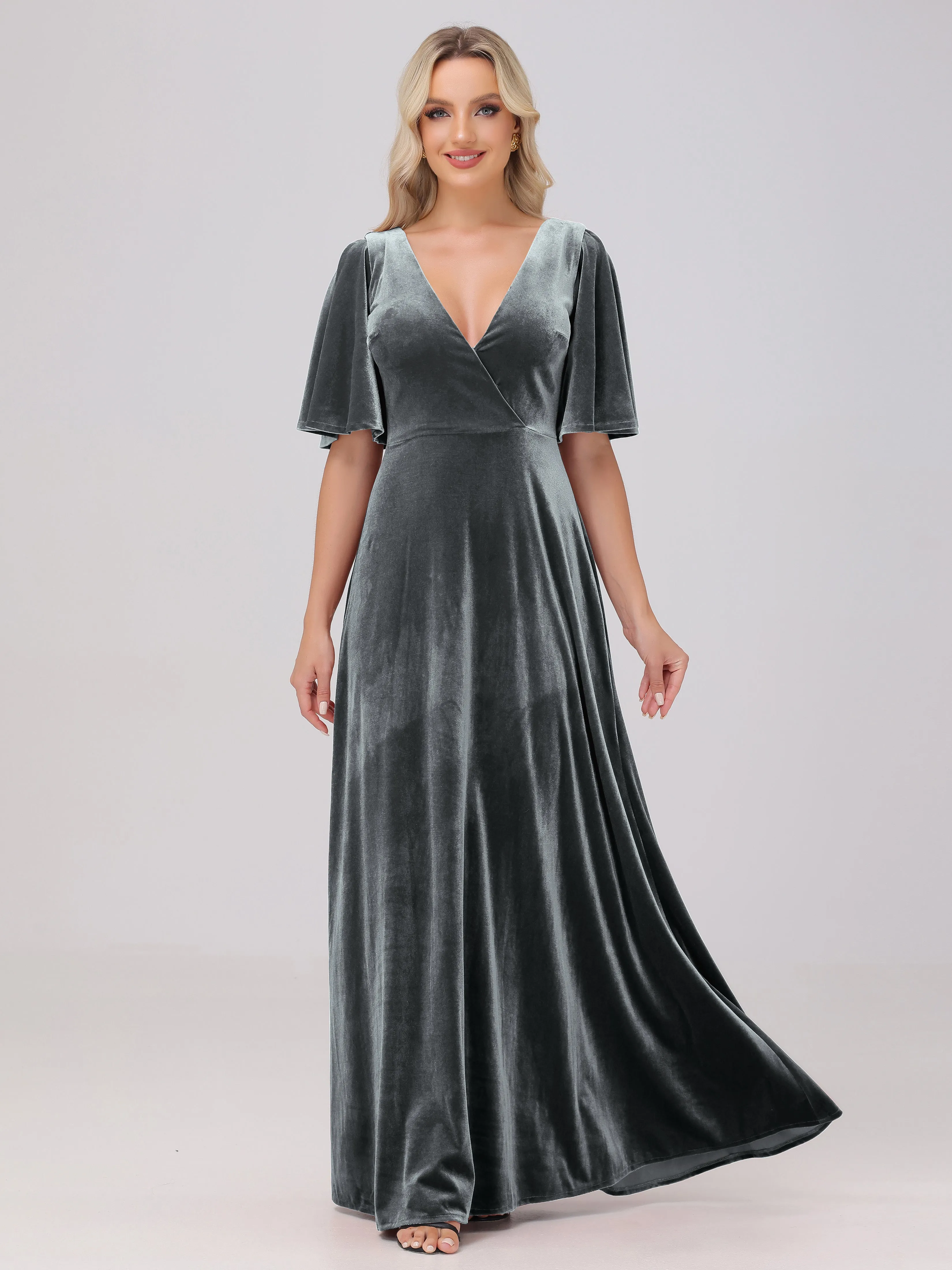 A-Line V-Neck Short Sleeves Velvet Bridesmaid Dresses