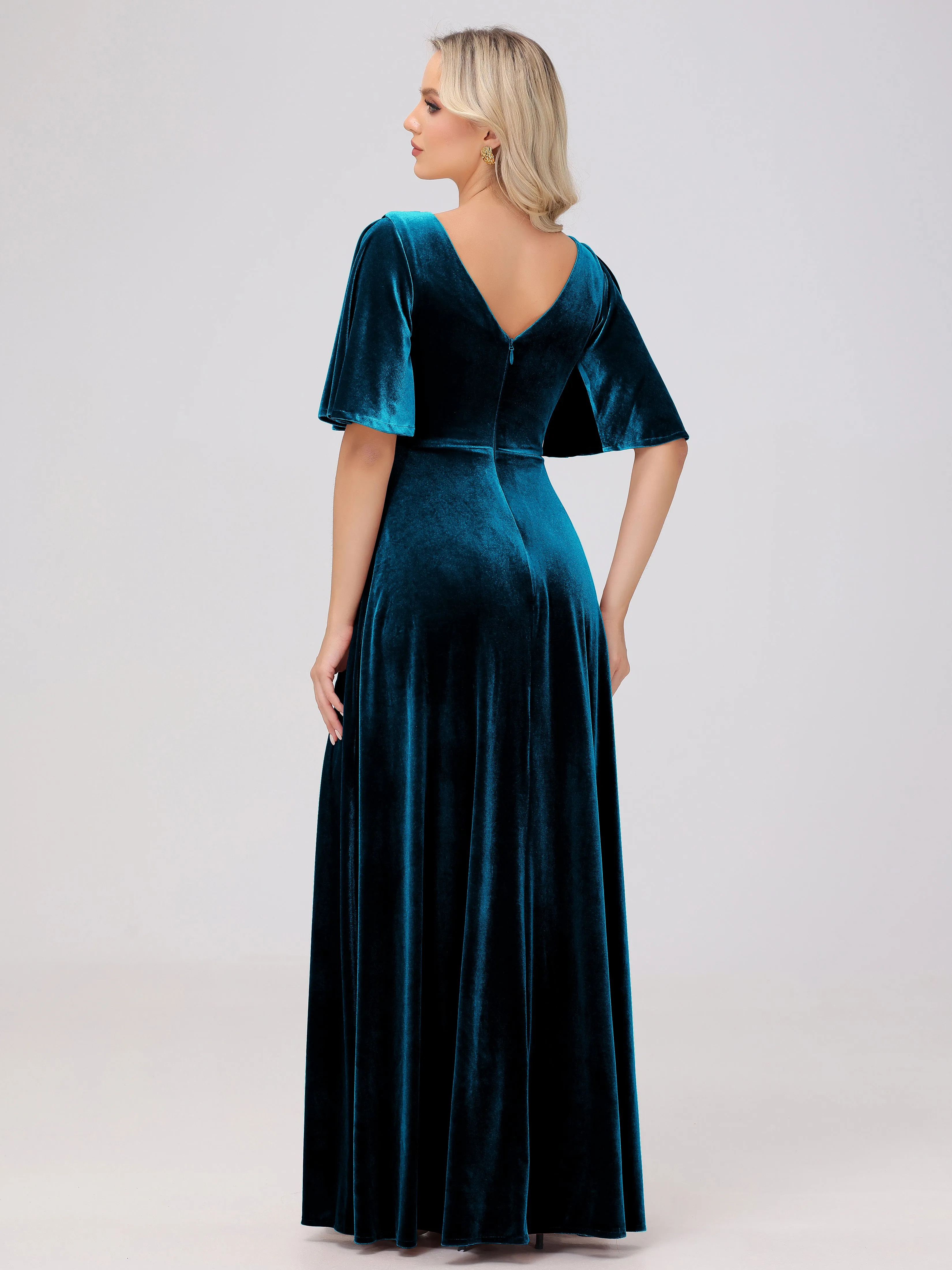 A-Line V-Neck Short Sleeves Velvet Bridesmaid Dresses