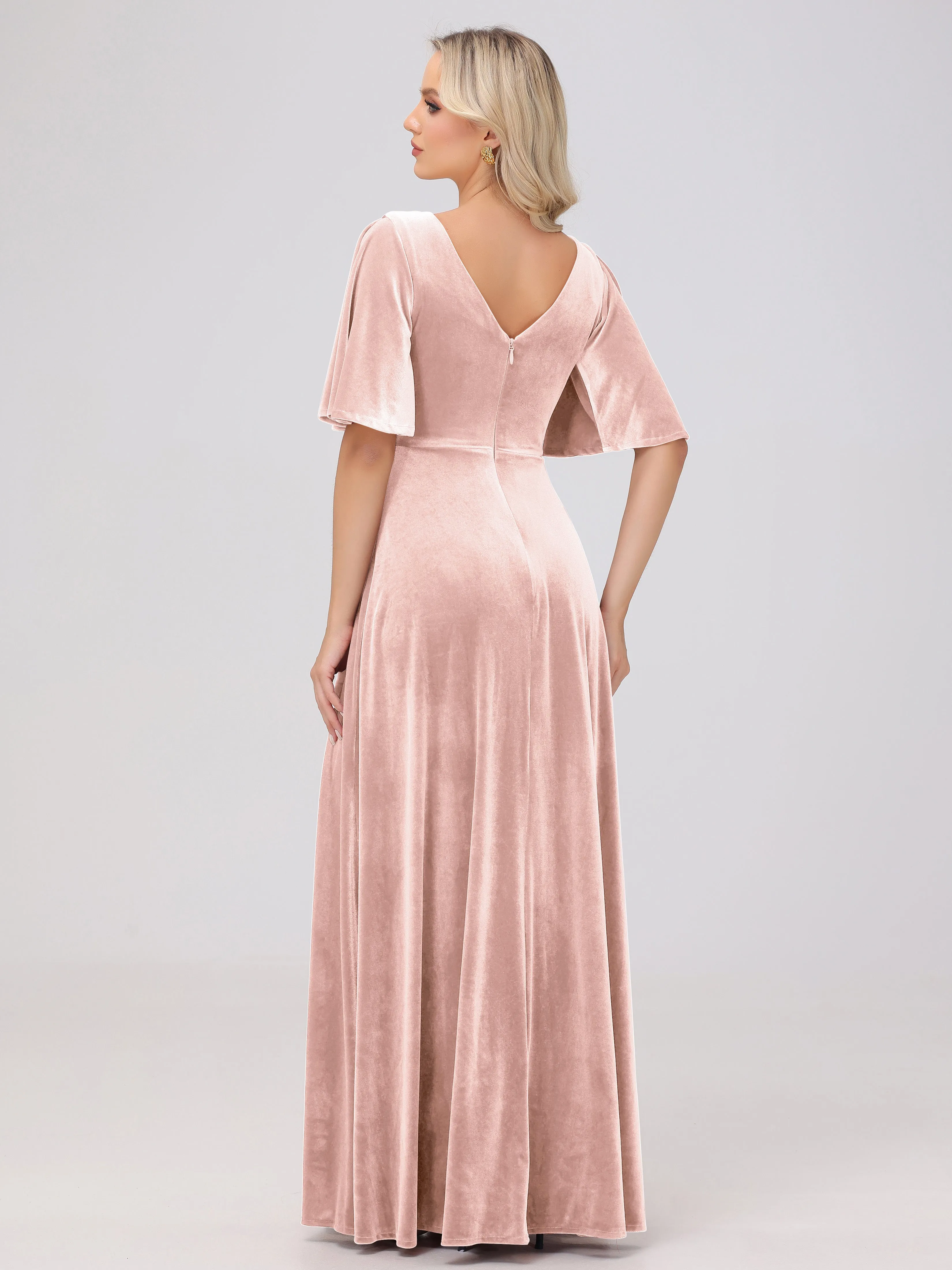 A-Line V-Neck Short Sleeves Velvet Bridesmaid Dresses