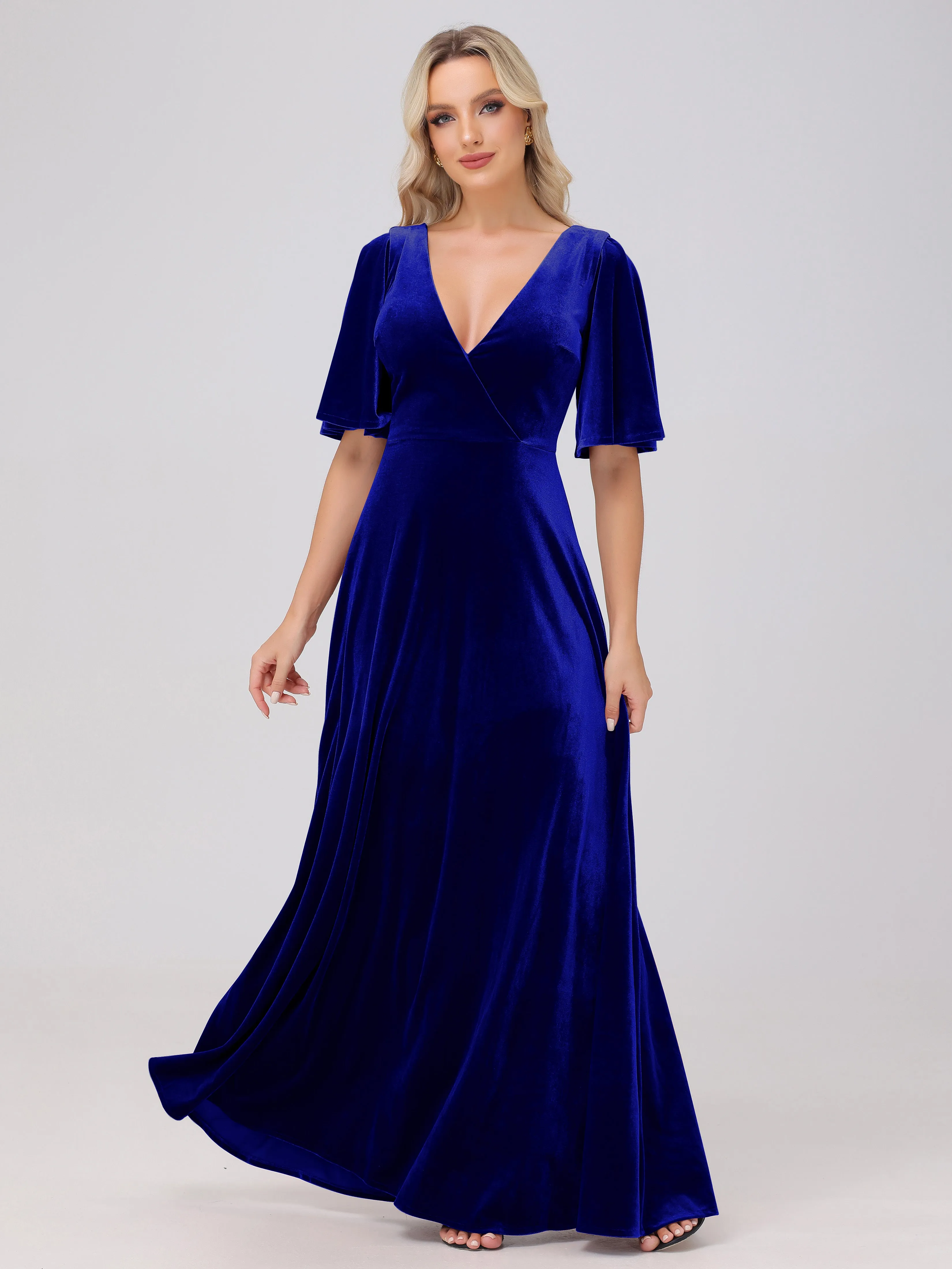A-Line V-Neck Short Sleeves Velvet Bridesmaid Dresses