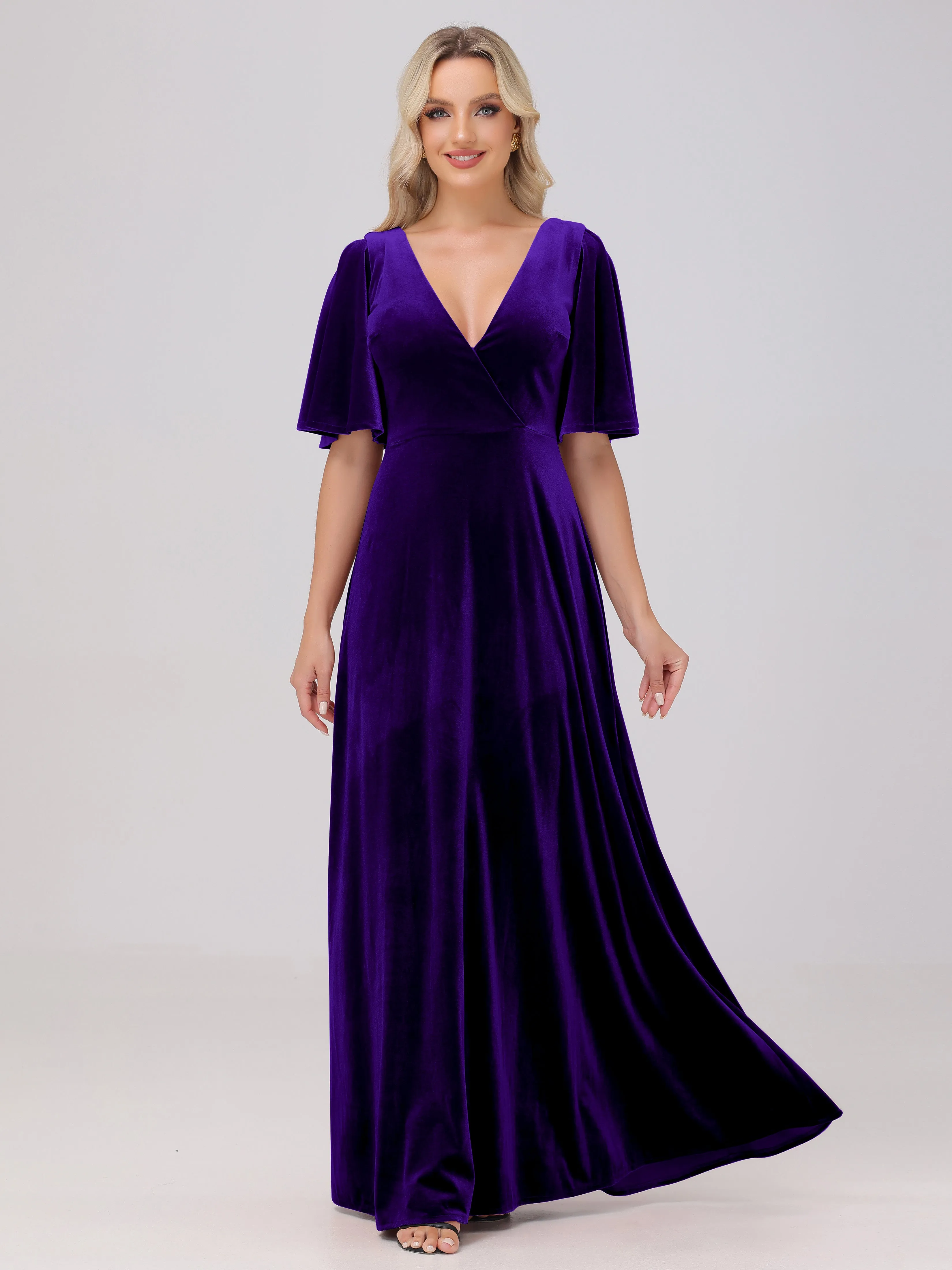 A-Line V-Neck Short Sleeves Velvet Bridesmaid Dresses