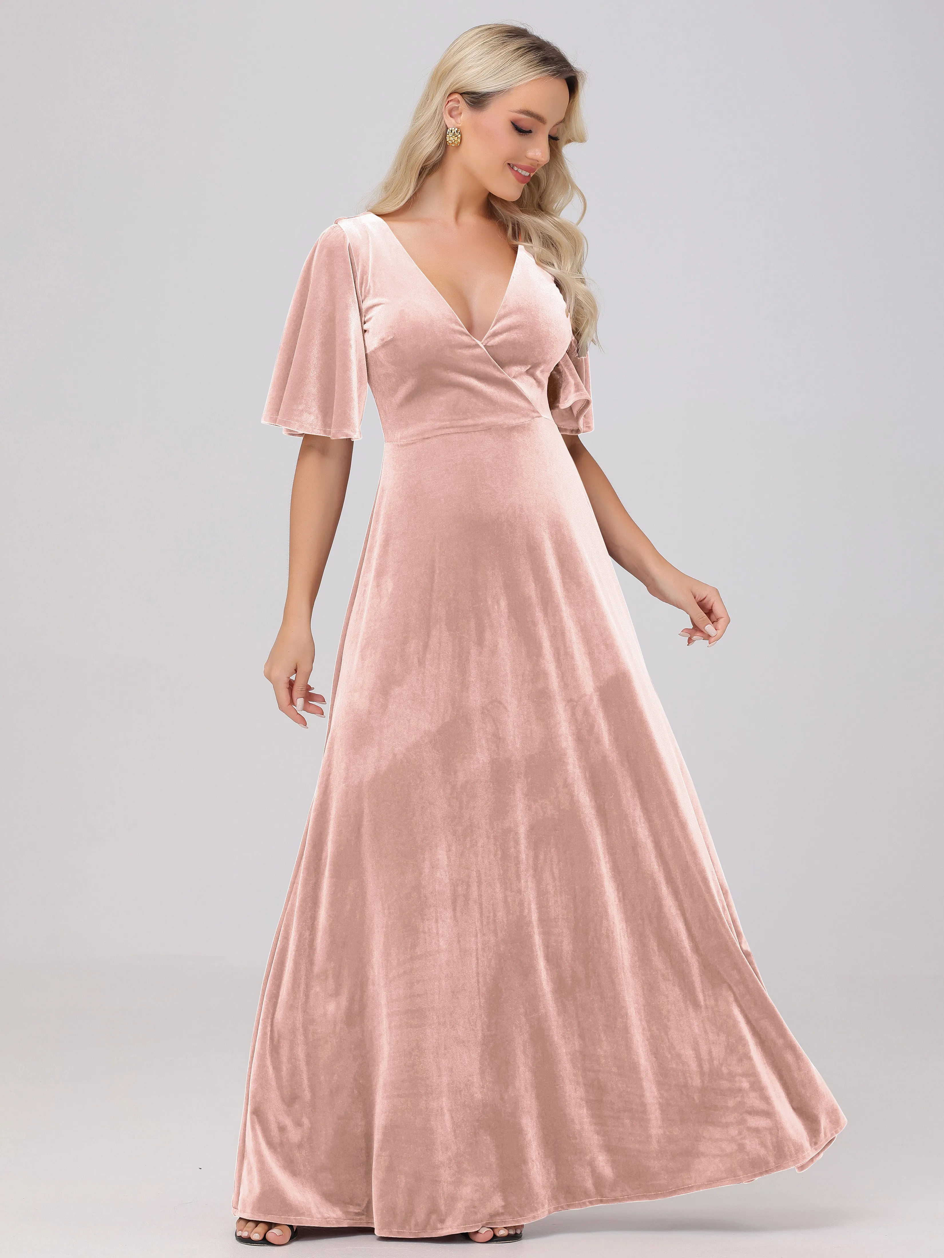 A-Line V-Neck Short Sleeves Velvet Bridesmaid Dresses