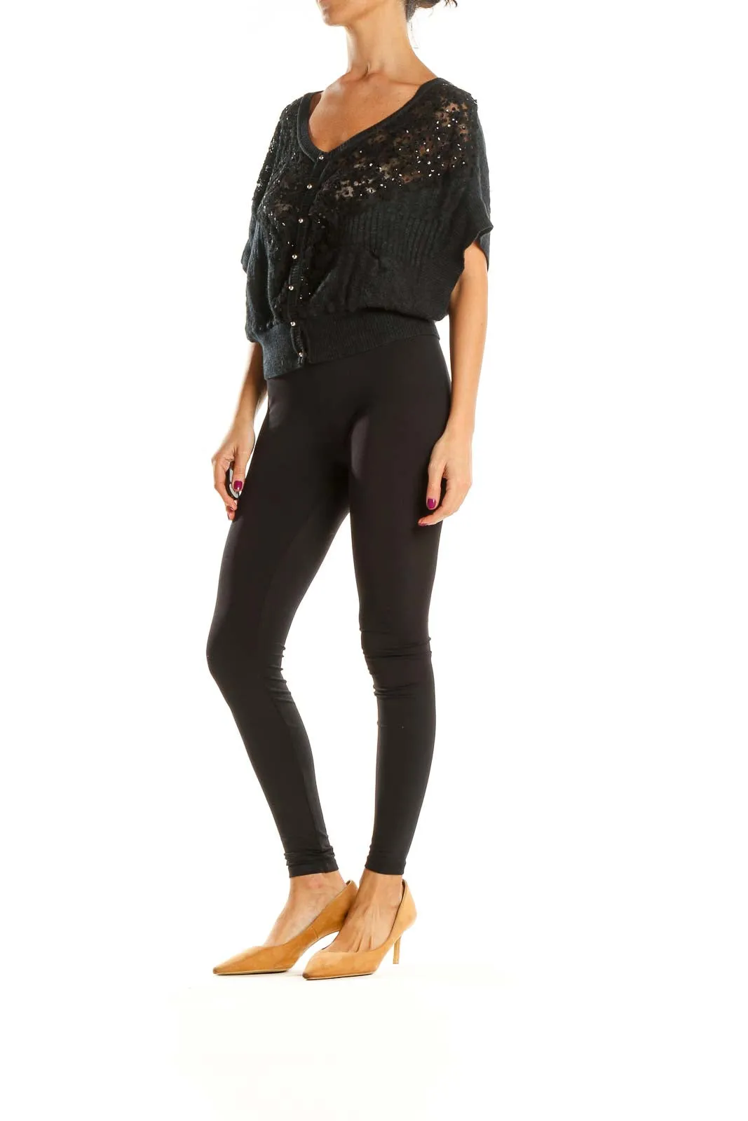 Black Lace Sequin Dolman Sleeve Top