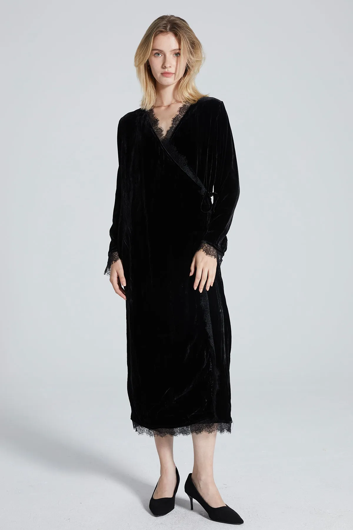 Brena Cozy Elegant Lace Velvet Wrap Dress