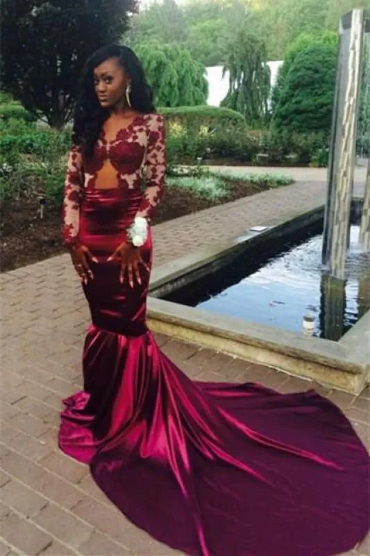 Bridelily Sexy Long-Sleeve Velvet Mermaid Sweep-Train Lace Prom Dress