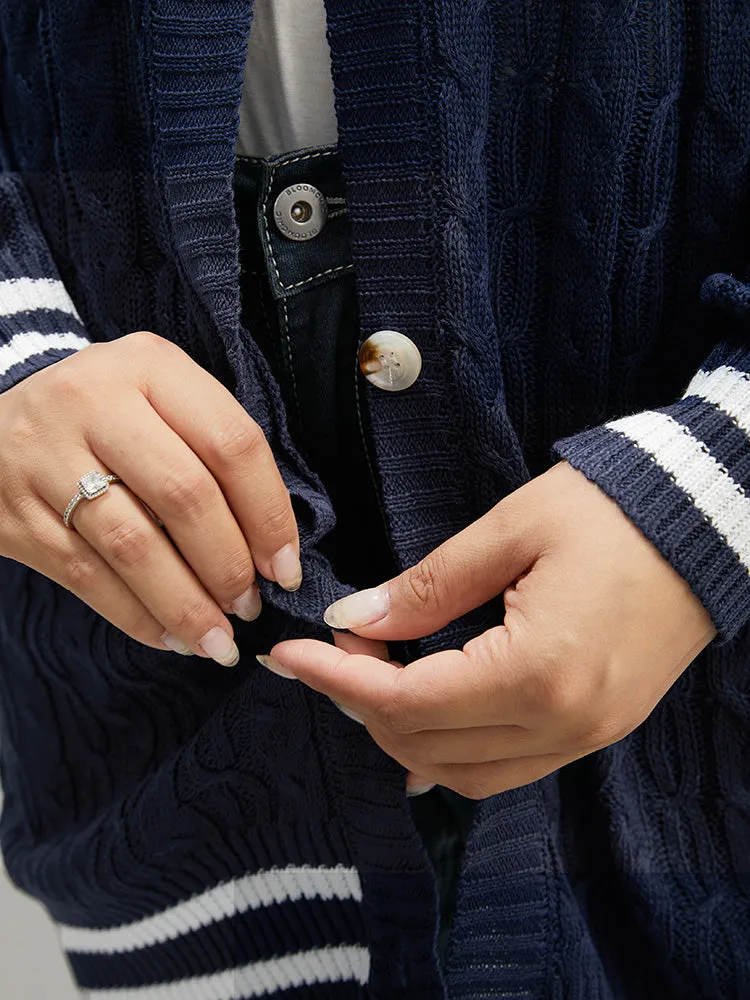 Cable Knit Striped Patchwork Button Through Cardigan