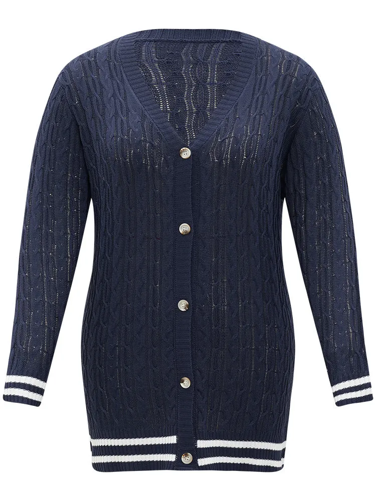 Cable Knit Striped Patchwork Button Through Cardigan