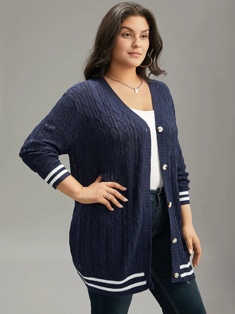 Cable Knit Striped Patchwork Button Through Cardigan