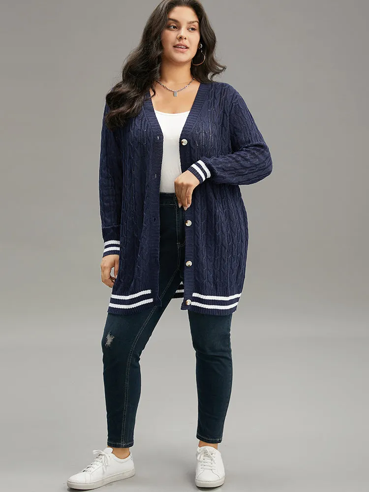 Cable Knit Striped Patchwork Button Through Cardigan
