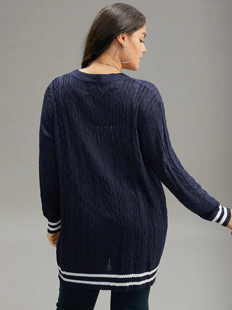 Cable Knit Striped Patchwork Button Through Cardigan