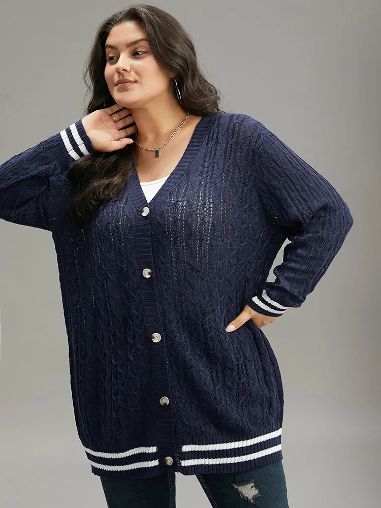 Cable Knit Striped Patchwork Button Through Cardigan