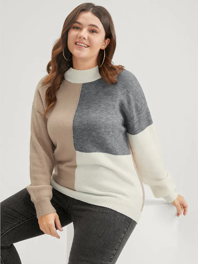 Colorblock Contrast Pointelle Knit Heather Mock Neck Knit Top