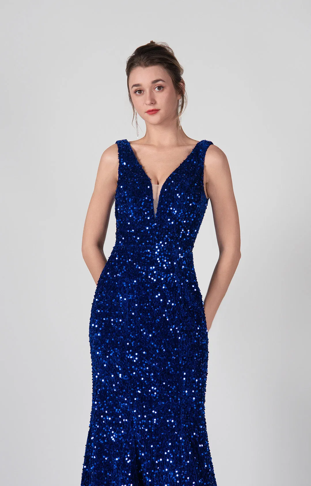 Deep V-Neck Sequin Wrap-Hip Mermaid Dresses