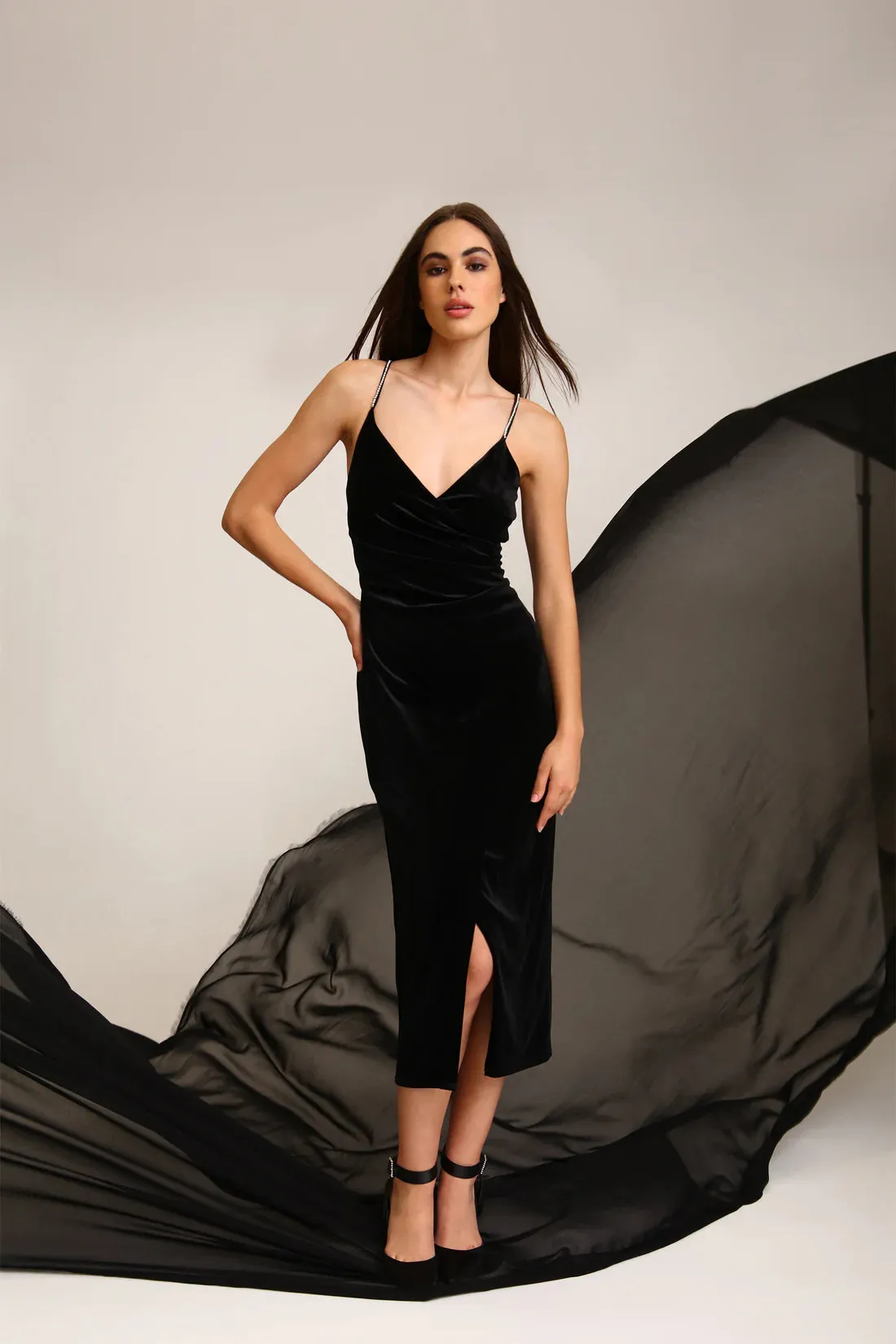 Donna Morgan For Maggy London Tilla Black Velvet Rhinestone Strap Dress