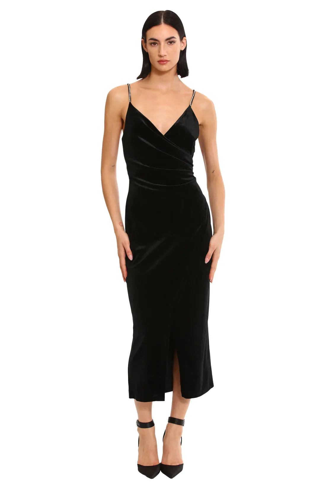 Donna Morgan For Maggy London Tilla Black Velvet Rhinestone Strap Dress