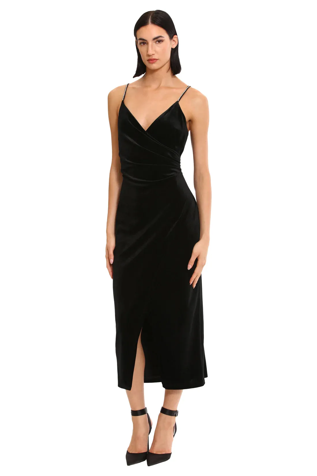 Donna Morgan For Maggy London Tilla Black Velvet Rhinestone Strap Dress