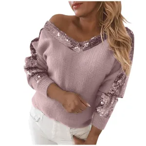 DressBetty - Women Sexy Off Shoulder V Neck Sequin Stitching Print Temperament Pullover Casual Long Sleeve Sweater Pullovers Winter Clothes