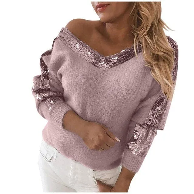 DressBetty - Women Sexy Off Shoulder V Neck Sequin Stitching Print Temperament Pullover Casual Long Sleeve Sweater Pullovers Winter Clothes