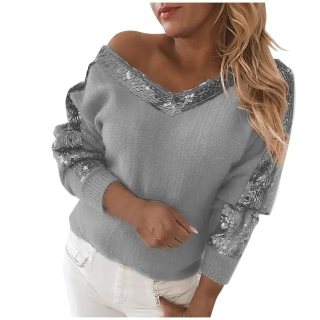 DressBetty - Women Sexy Off Shoulder V Neck Sequin Stitching Print Temperament Pullover Casual Long Sleeve Sweater Pullovers Winter Clothes