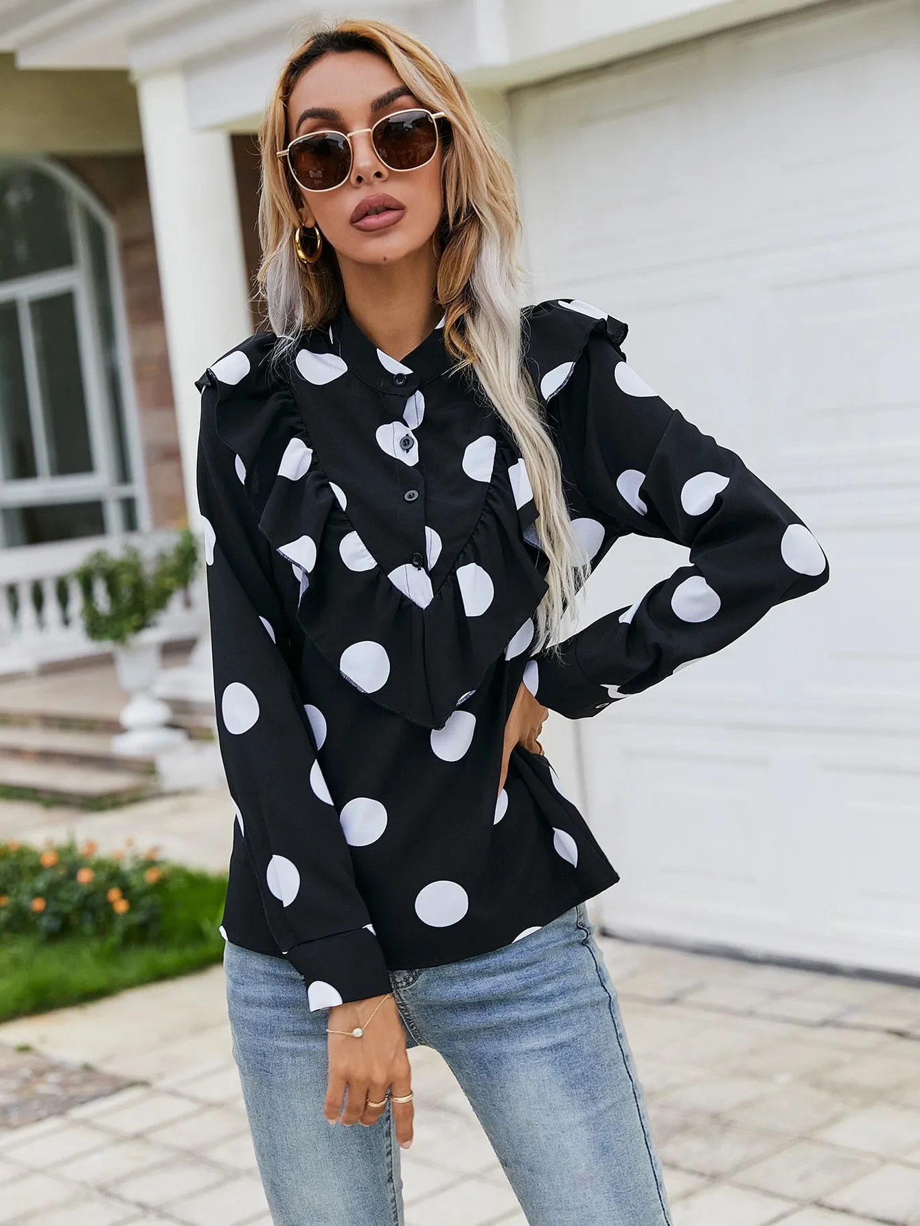 Elegant Polka Dot Button Front Long Sleeve Stand Collar Regular Blouse