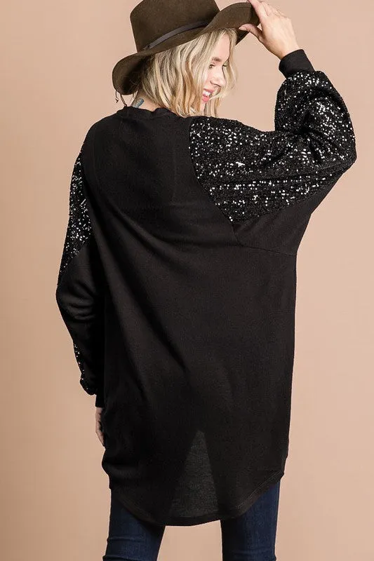 Fashion District LA 7th Ray Sequin Sleeve Hi-Lo Open Cardigans