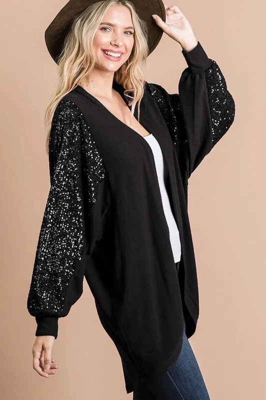 Fashion District LA 7th Ray Sequin Sleeve Hi-Lo Open Cardigans