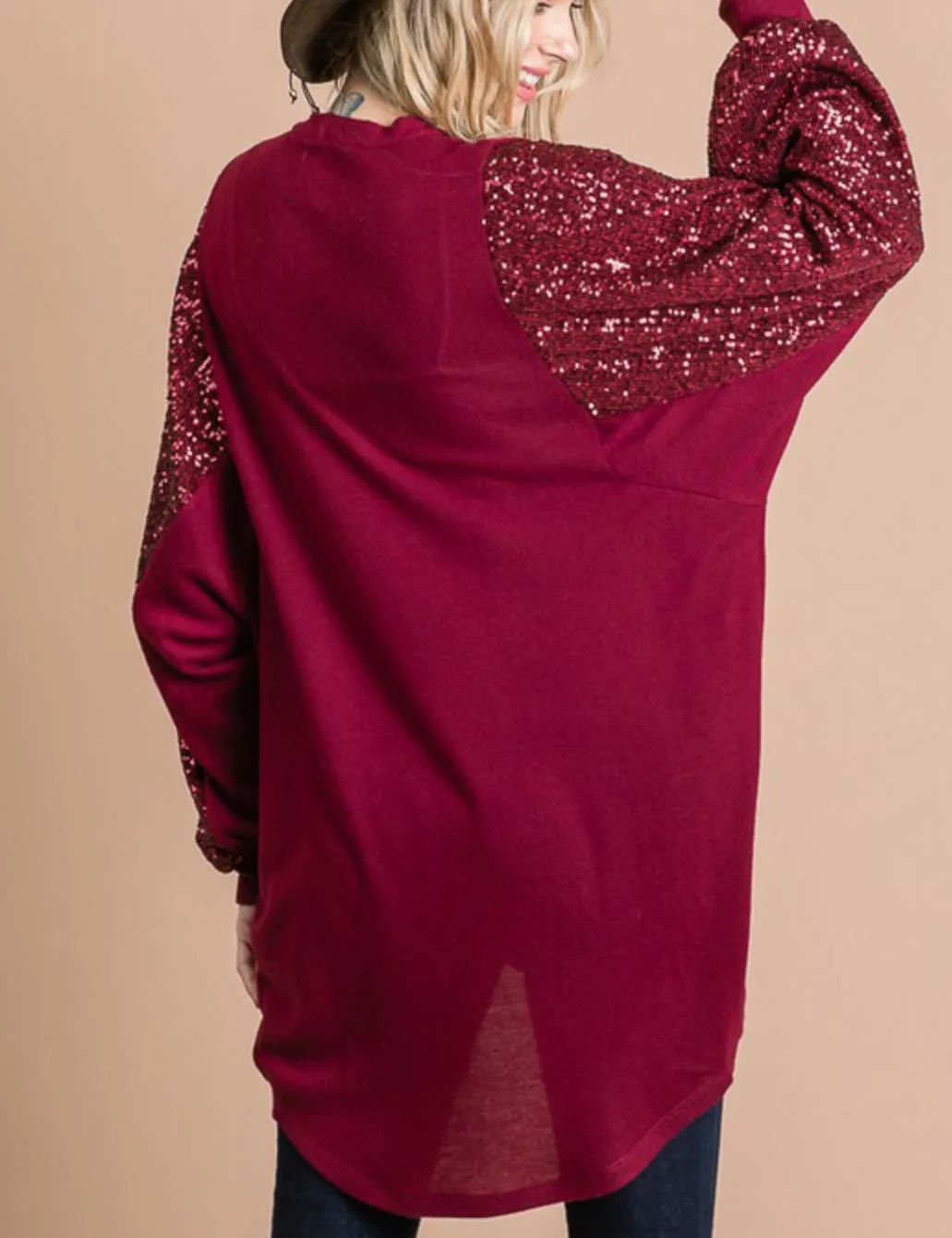 Fashion District LA 7th Ray Sequin Sleeve Hi-Lo Open Cardigans