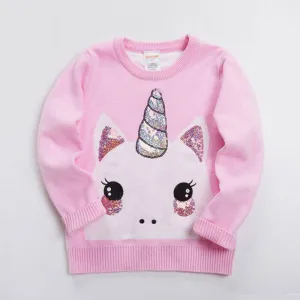 Fashion Soft Cotton Knitted Sequin Adorable Sweater - Pink Unicorn