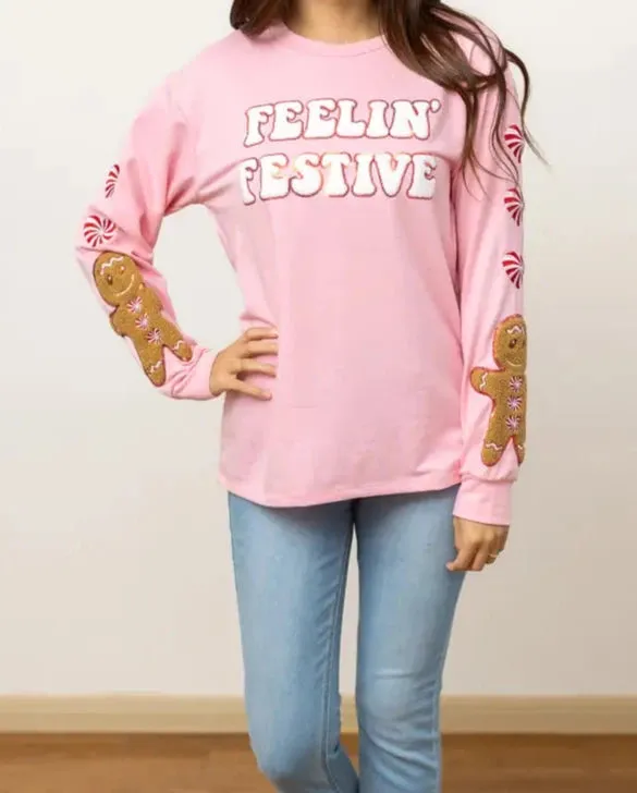 Feelin Festive Gingerbread Pink Sweater