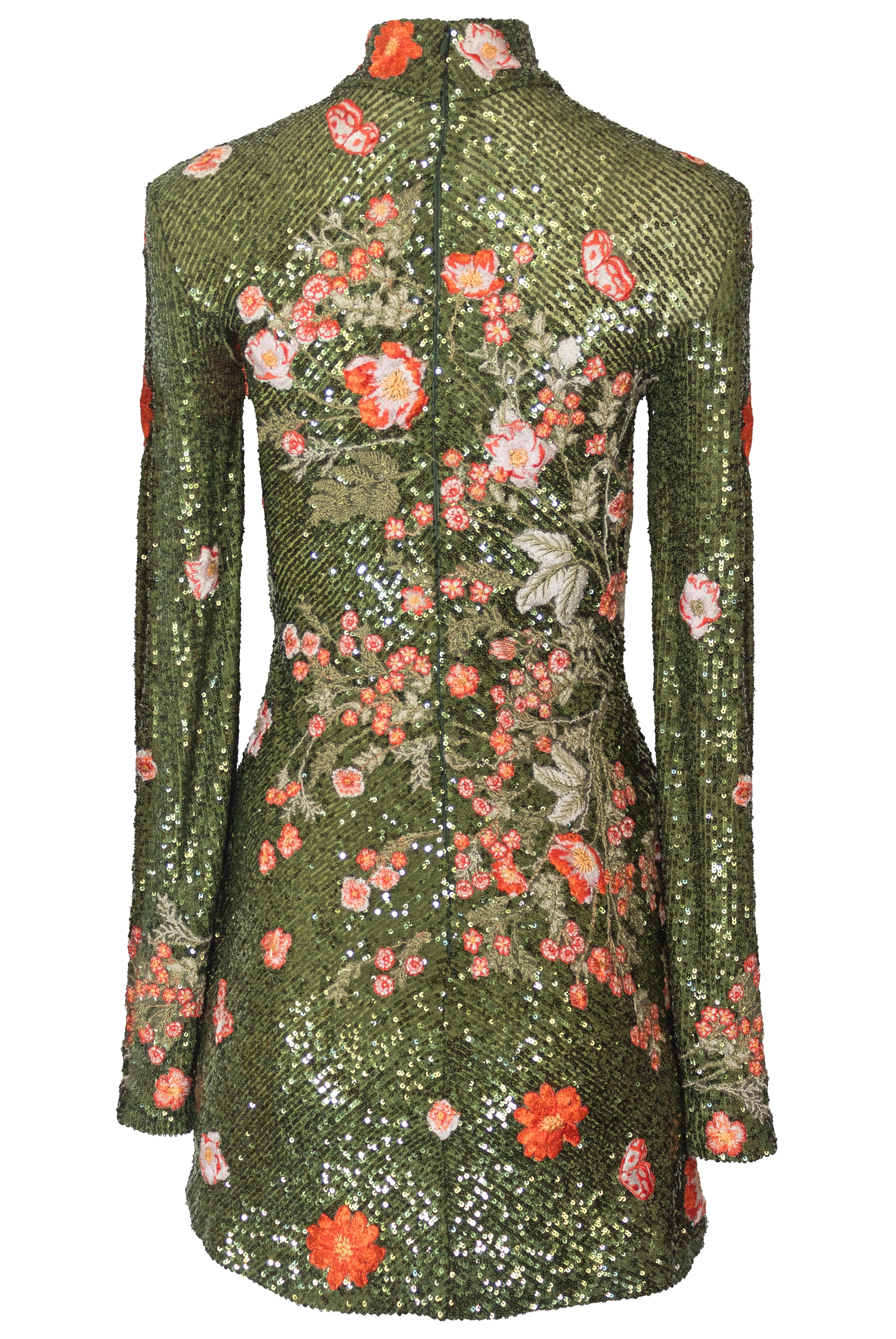 Floral Applique Sequin Long Sleeve Mock Neck Dress