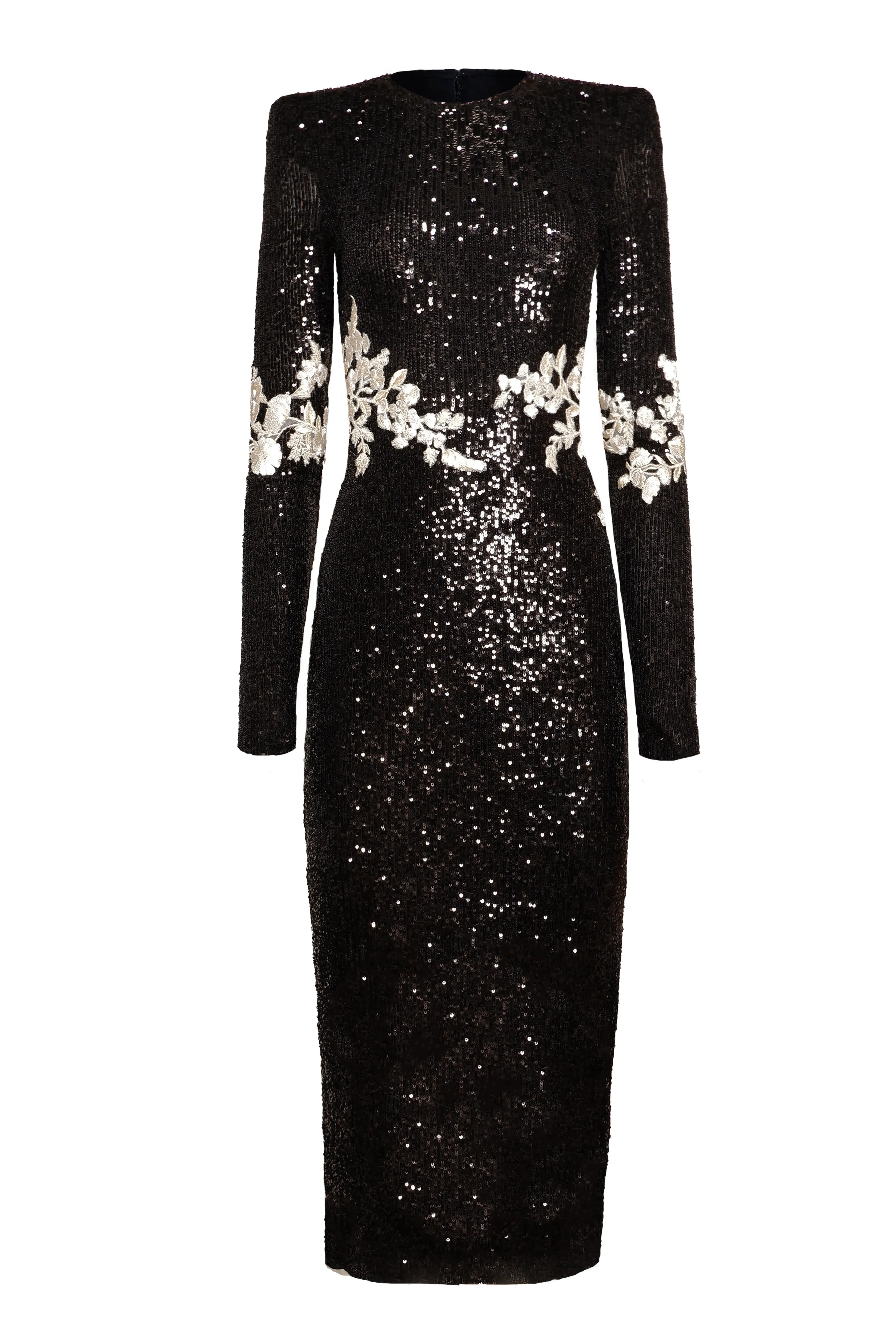 FLORAL APPLIQUE STRETCH SEQUIN LONG SLEEVE DRESS
