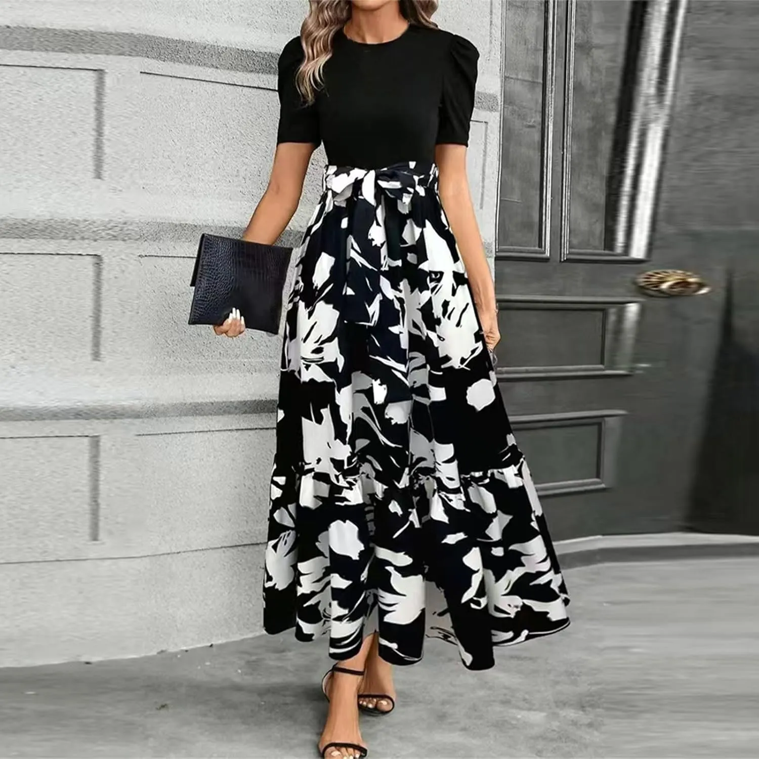 Floral Maxi Dress for Women Summer Wedding Guest Short Sleeve Empire Waist Tie Front Belted Patchwork Wrap Dress