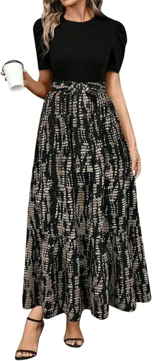 Floral Maxi Dress for Women Summer Wedding Guest Short Sleeve Empire Waist Tie Front Belted Patchwork Wrap Dress