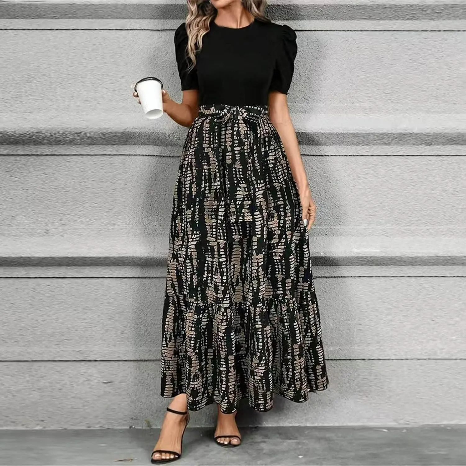 Floral Maxi Dress for Women Summer Wedding Guest Short Sleeve Empire Waist Tie Front Belted Patchwork Wrap Dress