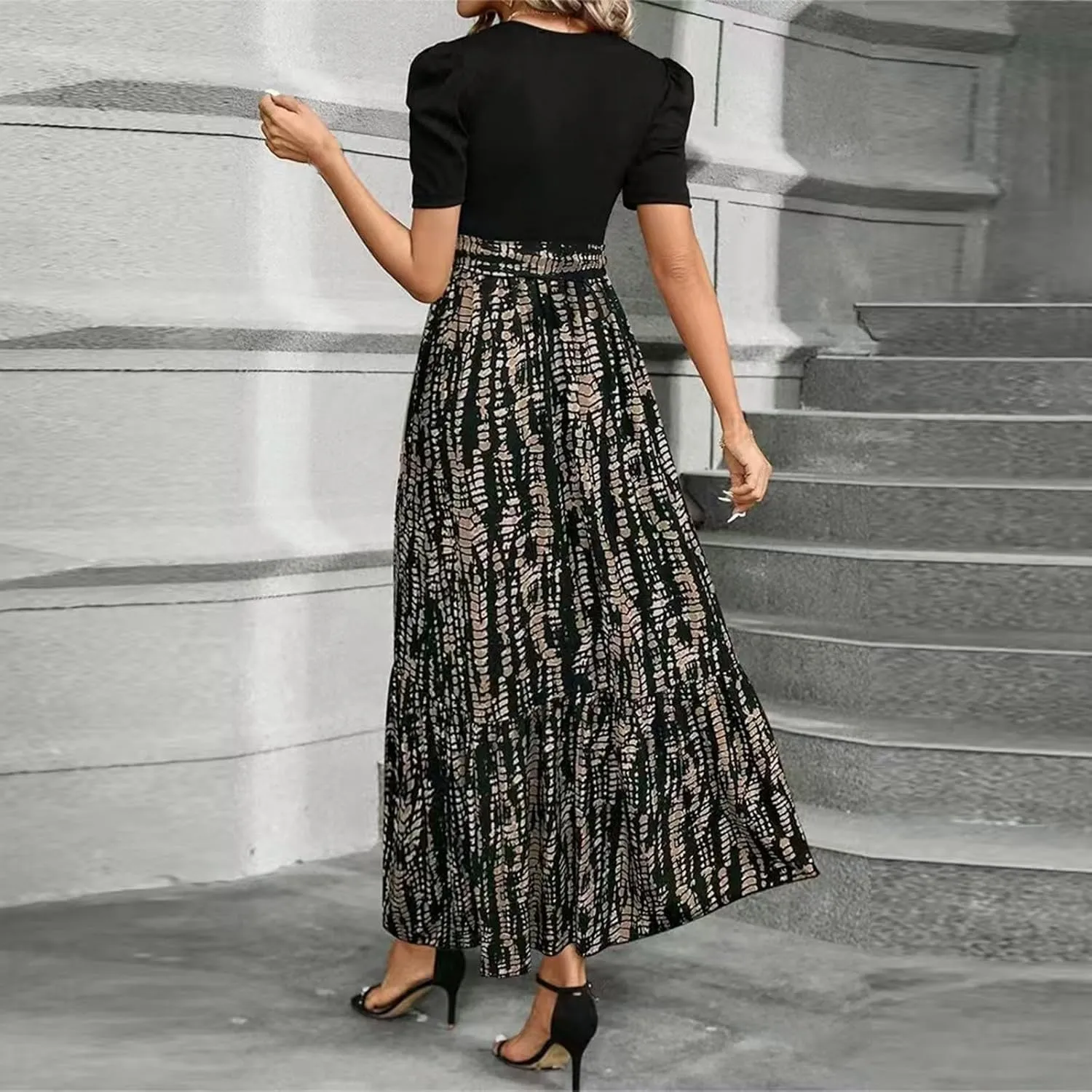 Floral Maxi Dress for Women Summer Wedding Guest Short Sleeve Empire Waist Tie Front Belted Patchwork Wrap Dress