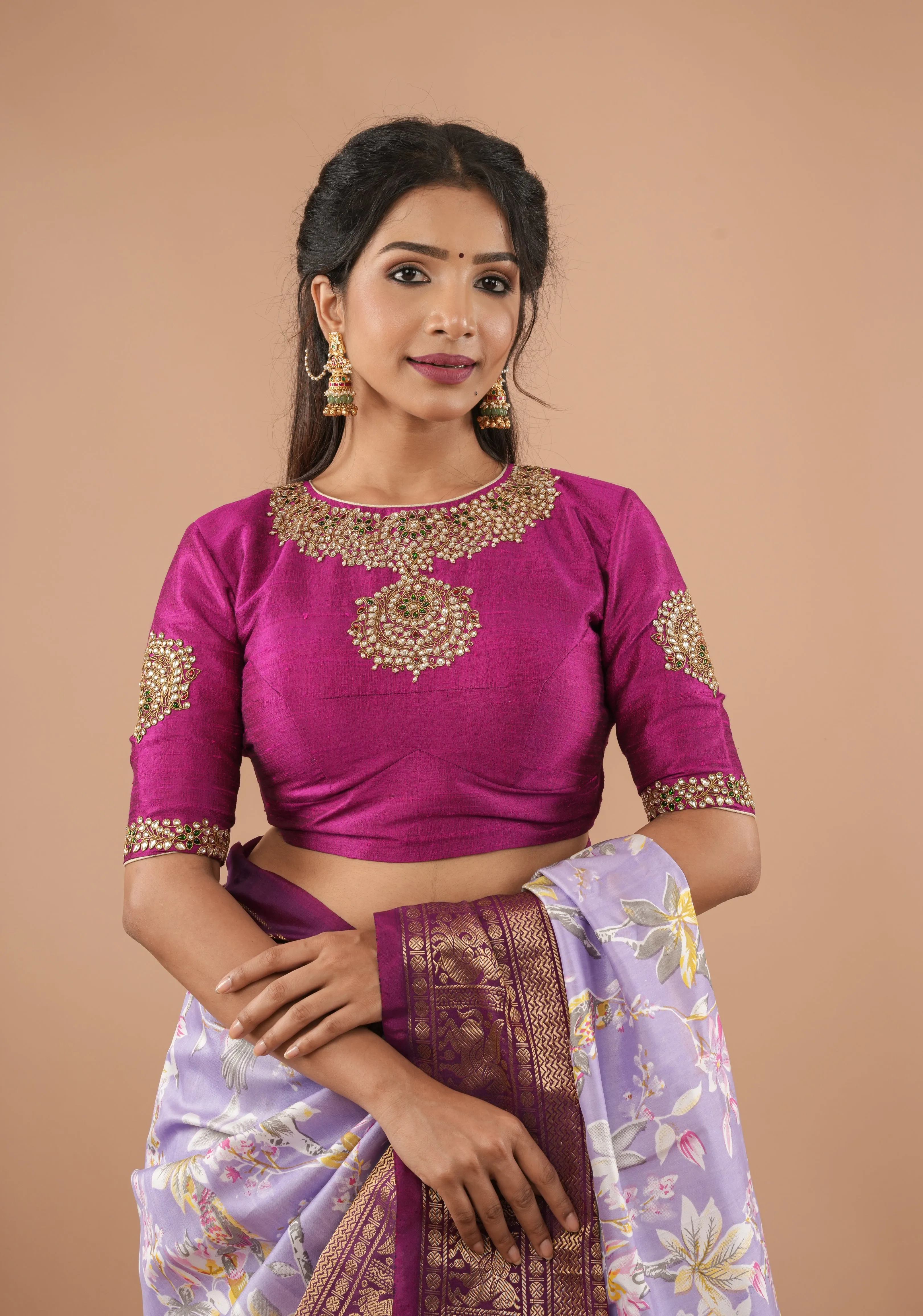 Fuchsia pure raw silk blouse with Kundan necklace and bajuband handwork and unique back cutout | Made to Order