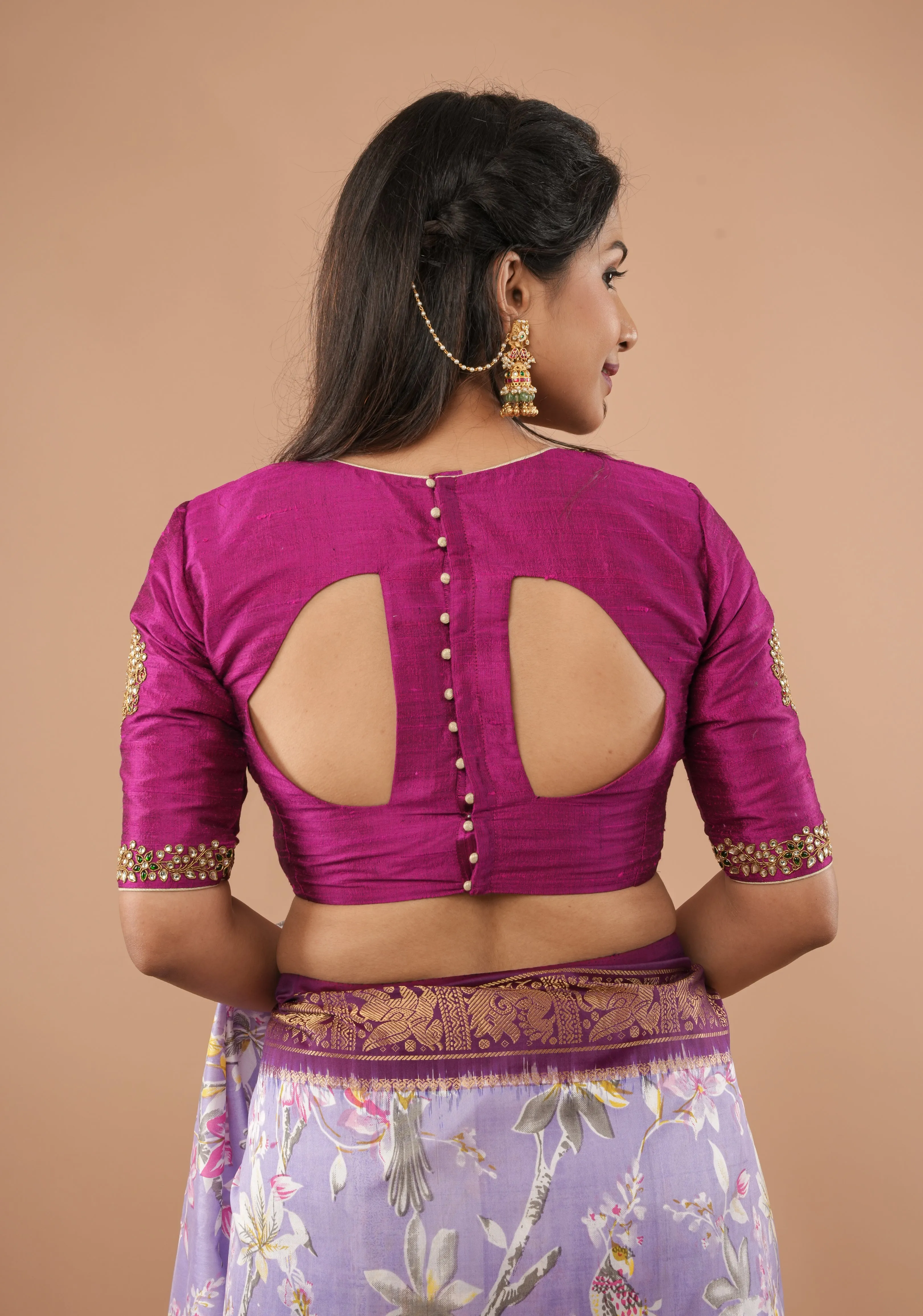 Fuchsia pure raw silk blouse with Kundan necklace and bajuband handwork and unique back cutout | Made to Order