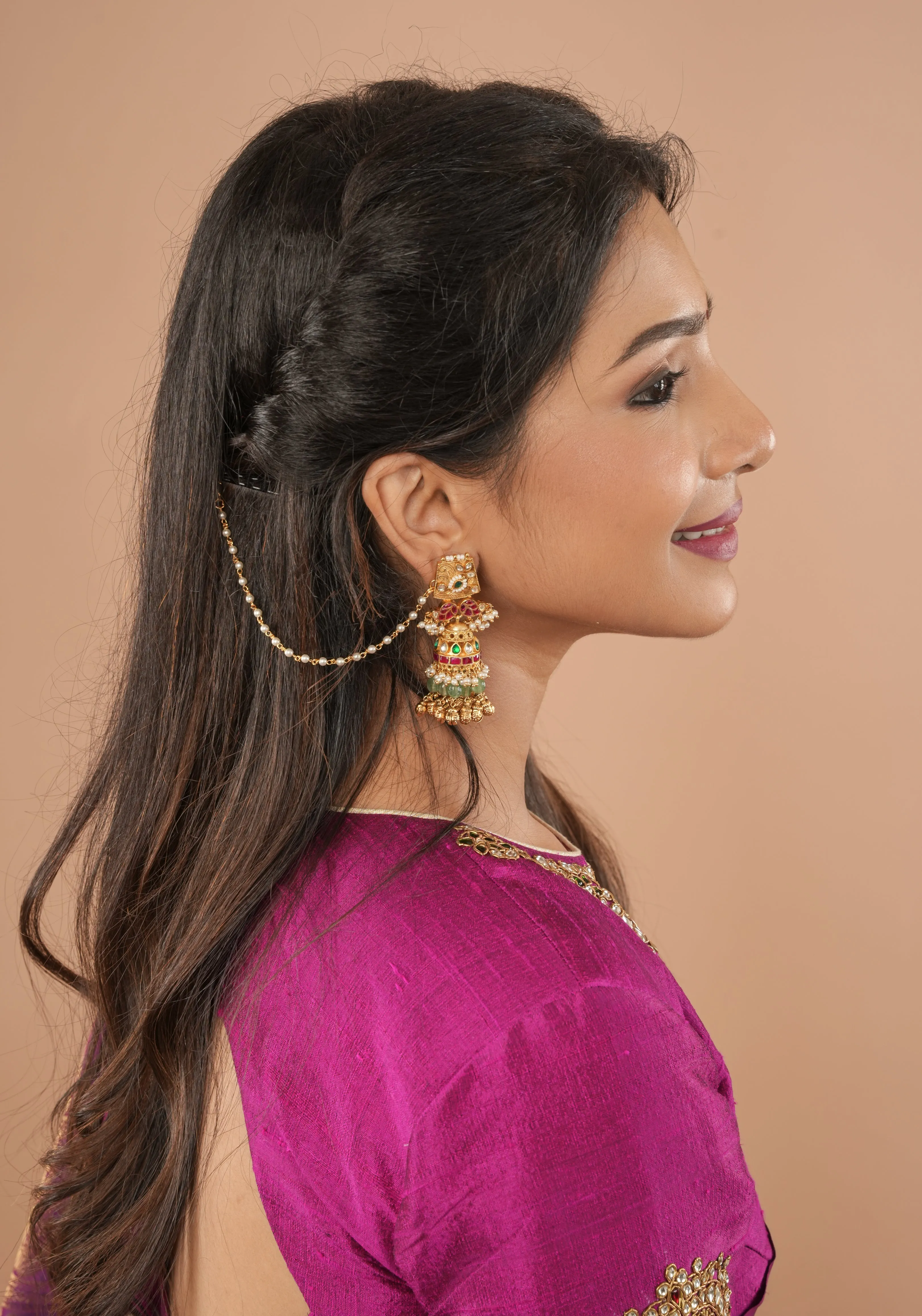 Fuchsia pure raw silk blouse with Kundan necklace and bajuband handwork and unique back cutout | Made to Order