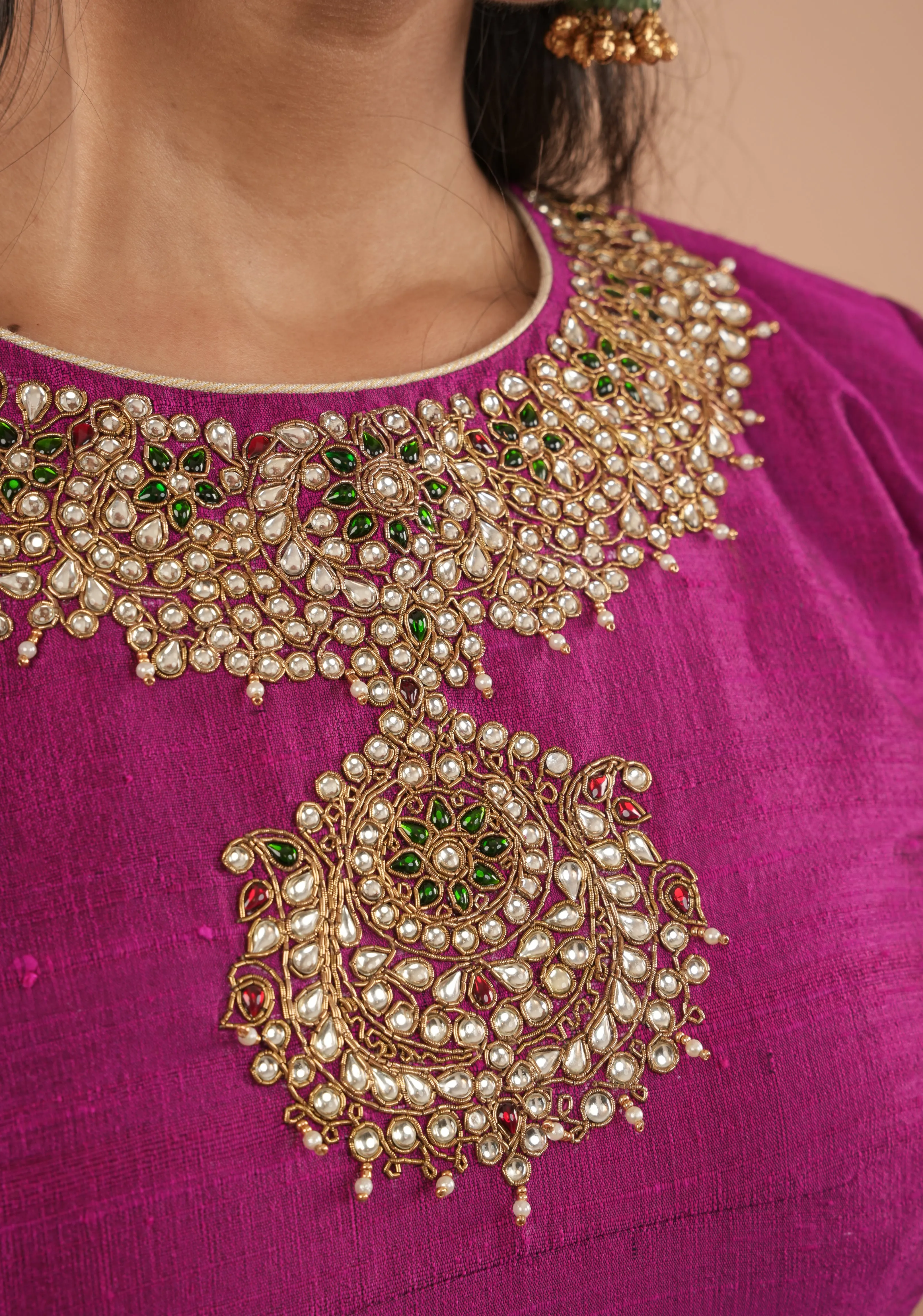 Fuchsia pure raw silk blouse with Kundan necklace and bajuband handwork and unique back cutout | Made to Order