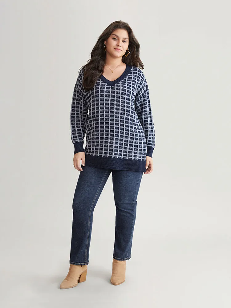 Gingham Plisse V Neck Elastic Cuffs Pullover