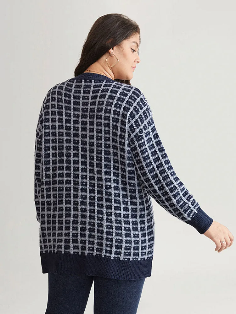 Gingham Plisse V Neck Elastic Cuffs Pullover