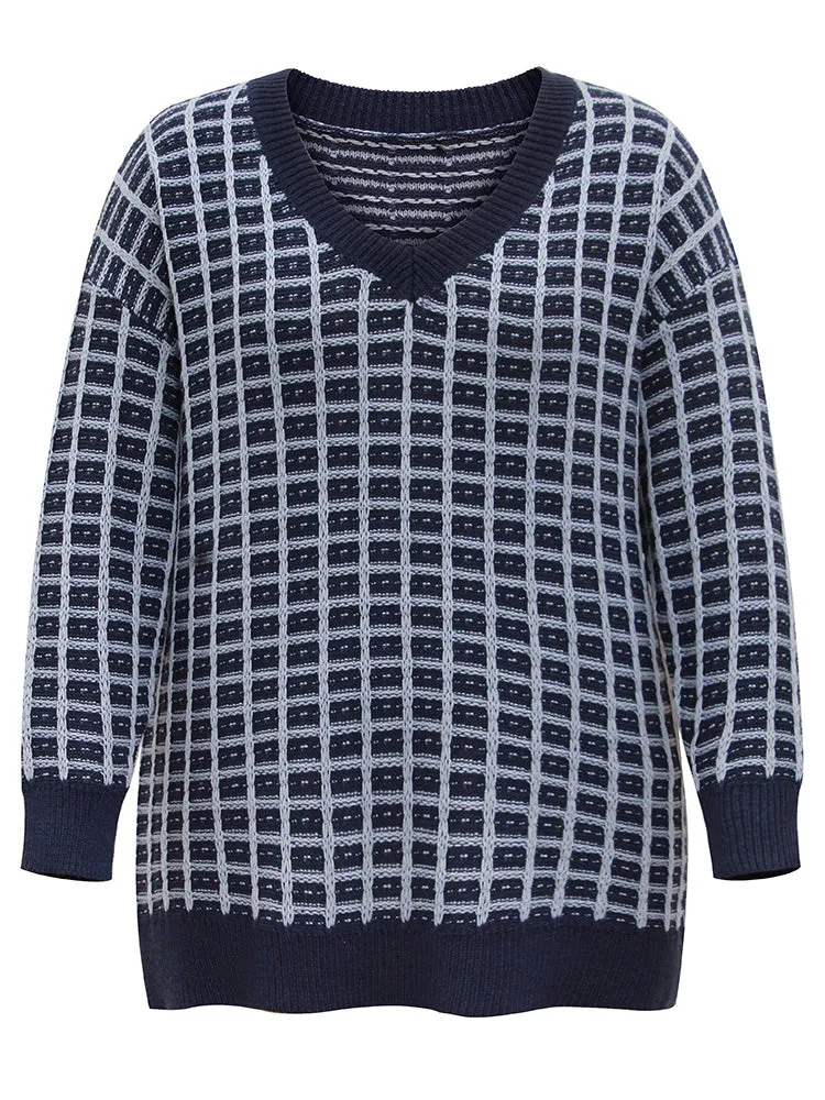 Gingham Plisse V Neck Elastic Cuffs Pullover