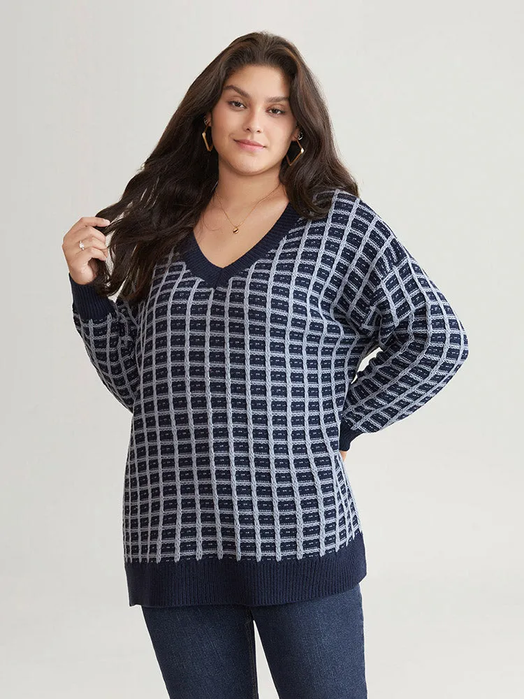 Gingham Plisse V Neck Elastic Cuffs Pullover
