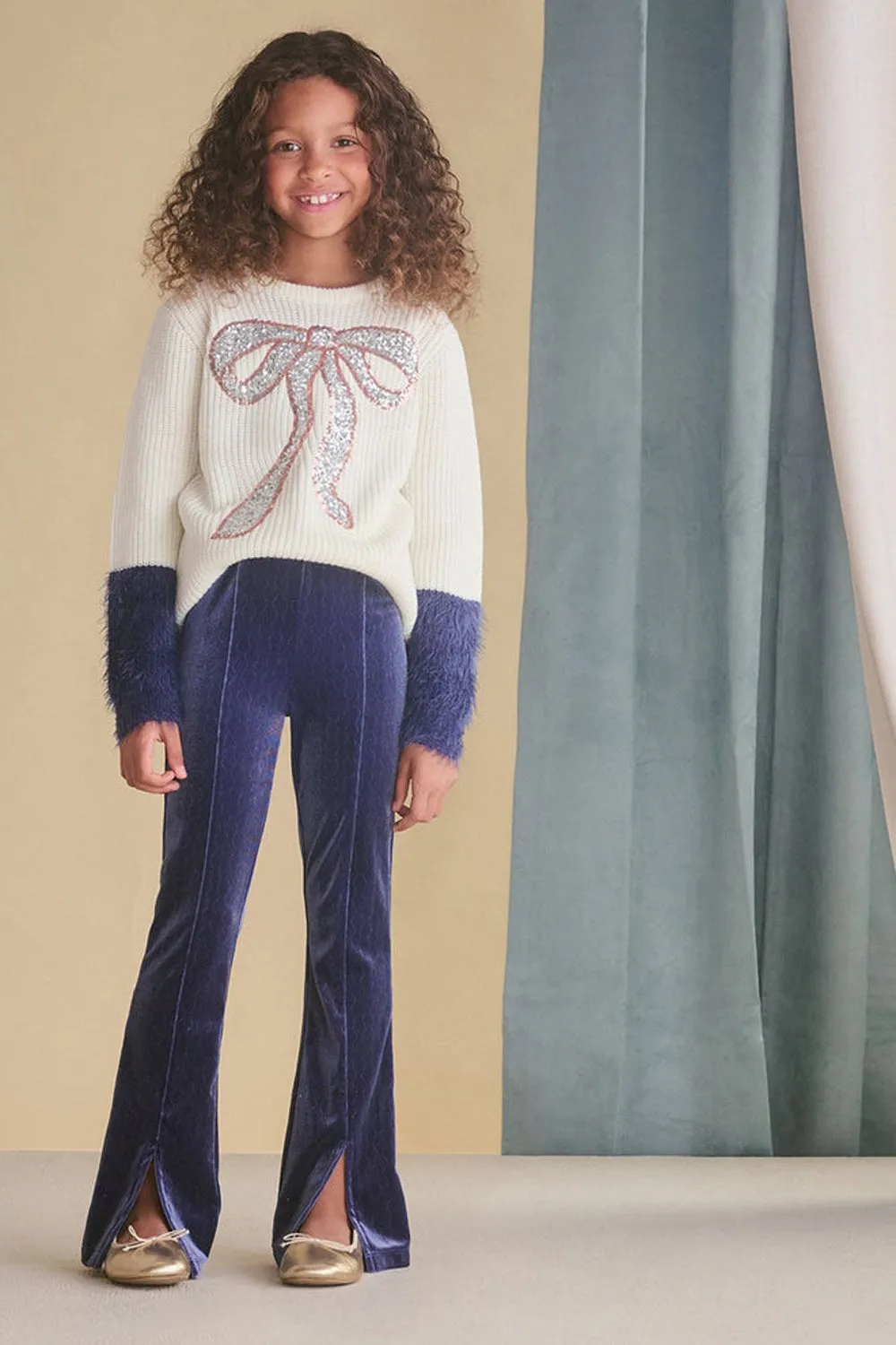 Girls Sequin Bow Fluffy Sleeve Sweater