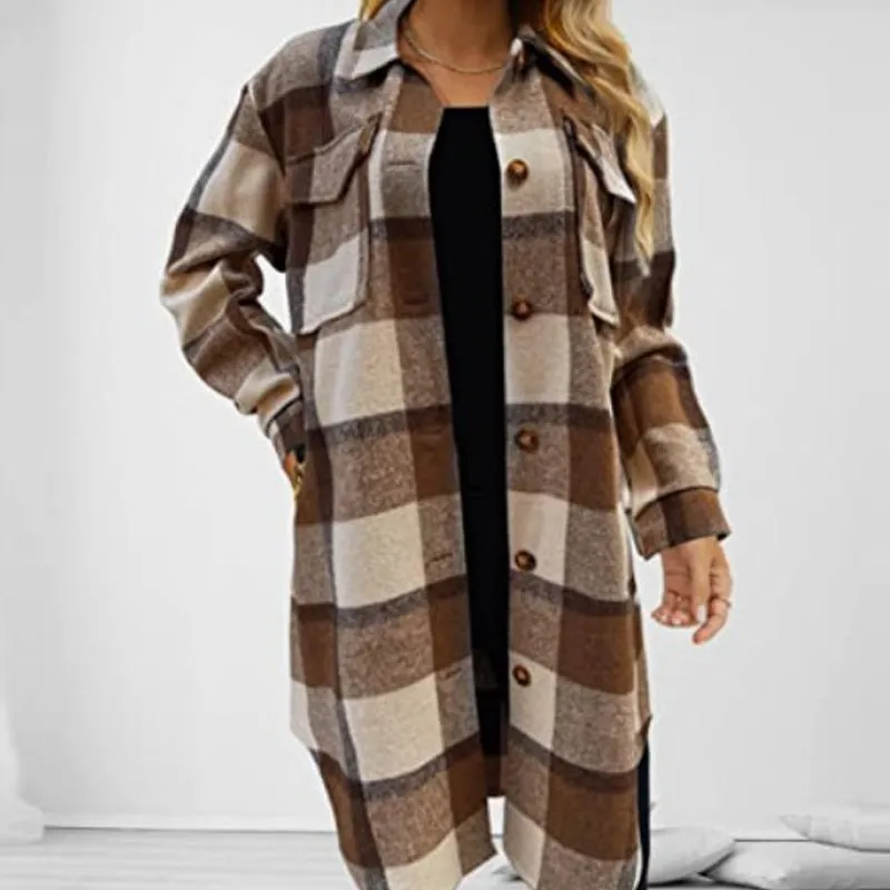 Last Day Sale 49%OFFWomen's Casual Lapel Button Down Long Plaid Shirt Coat