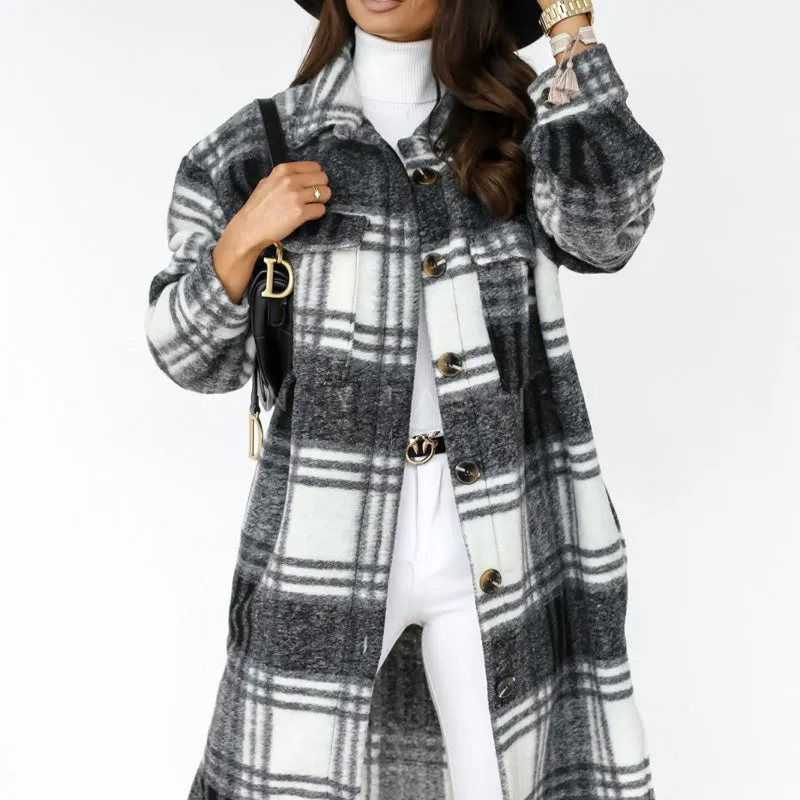 Last Day Sale 49%OFFWomen's Casual Lapel Button Down Long Plaid Shirt Coat
