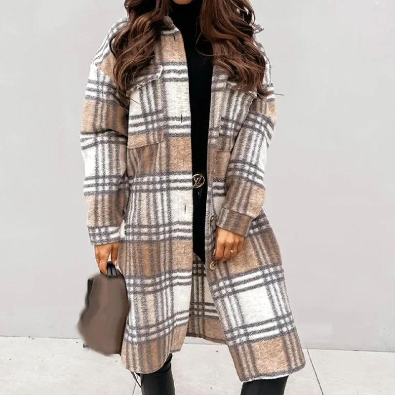 Last Day Sale 49%OFFWomen's Casual Lapel Button Down Long Plaid Shirt Coat