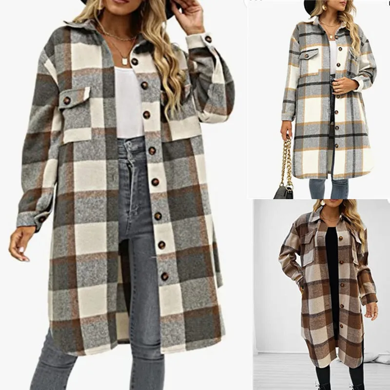 Last Day Sale 49%OFFWomen's Casual Lapel Button Down Long Plaid Shirt Coat