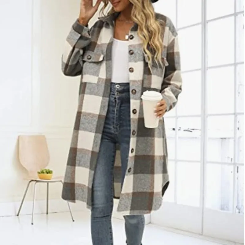 Last Day Sale 49%OFFWomen's Casual Lapel Button Down Long Plaid Shirt Coat