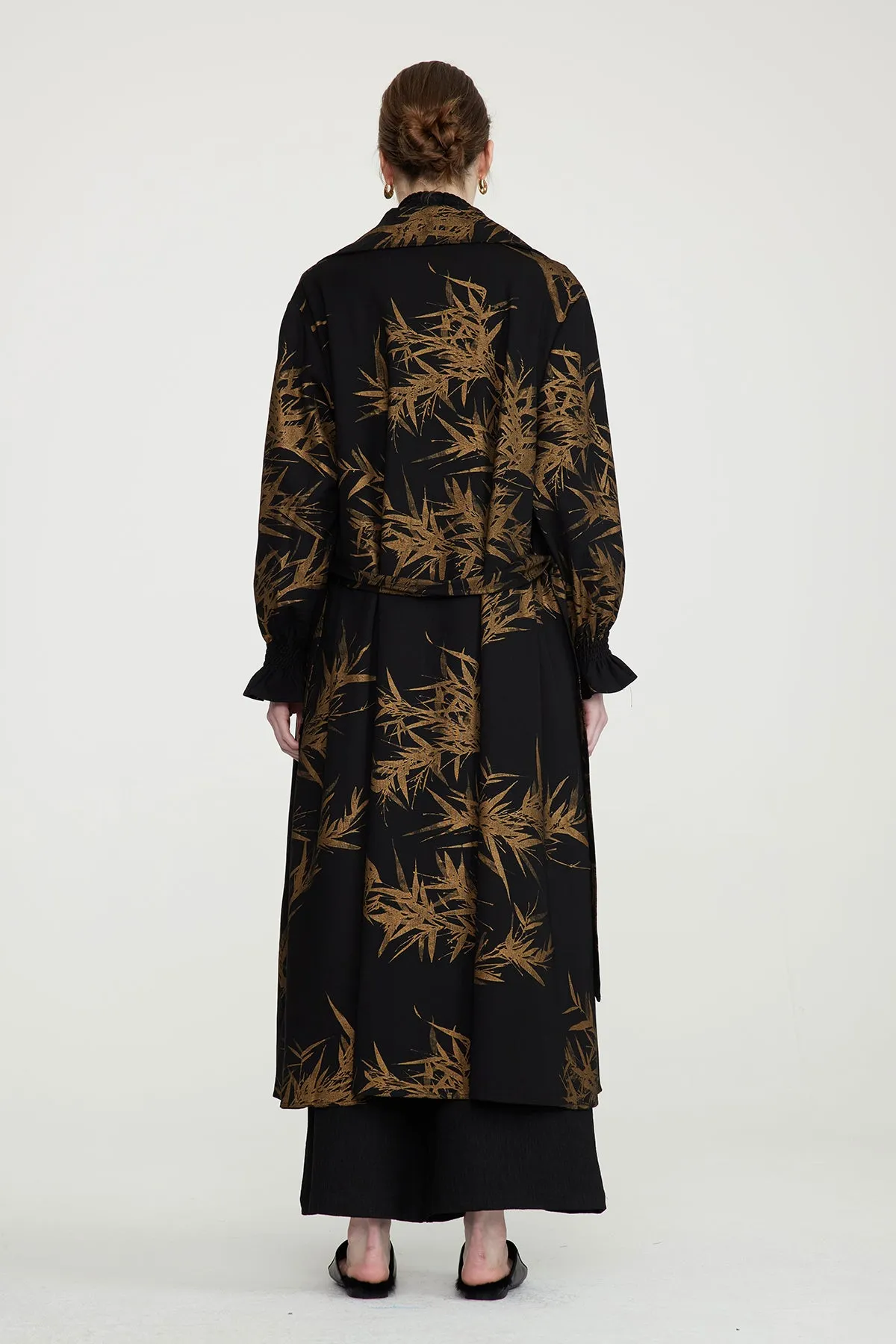 Leaves Print Cozy Loose Fit Long Coat